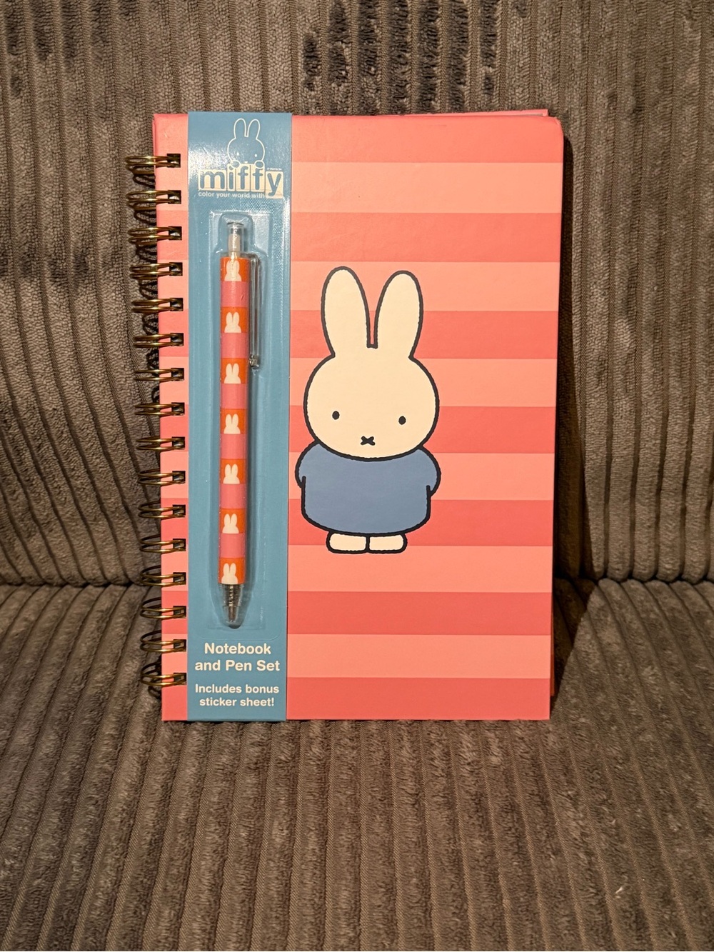 miffy Coral Striped Notebook & Pen Set with Blue Outfit